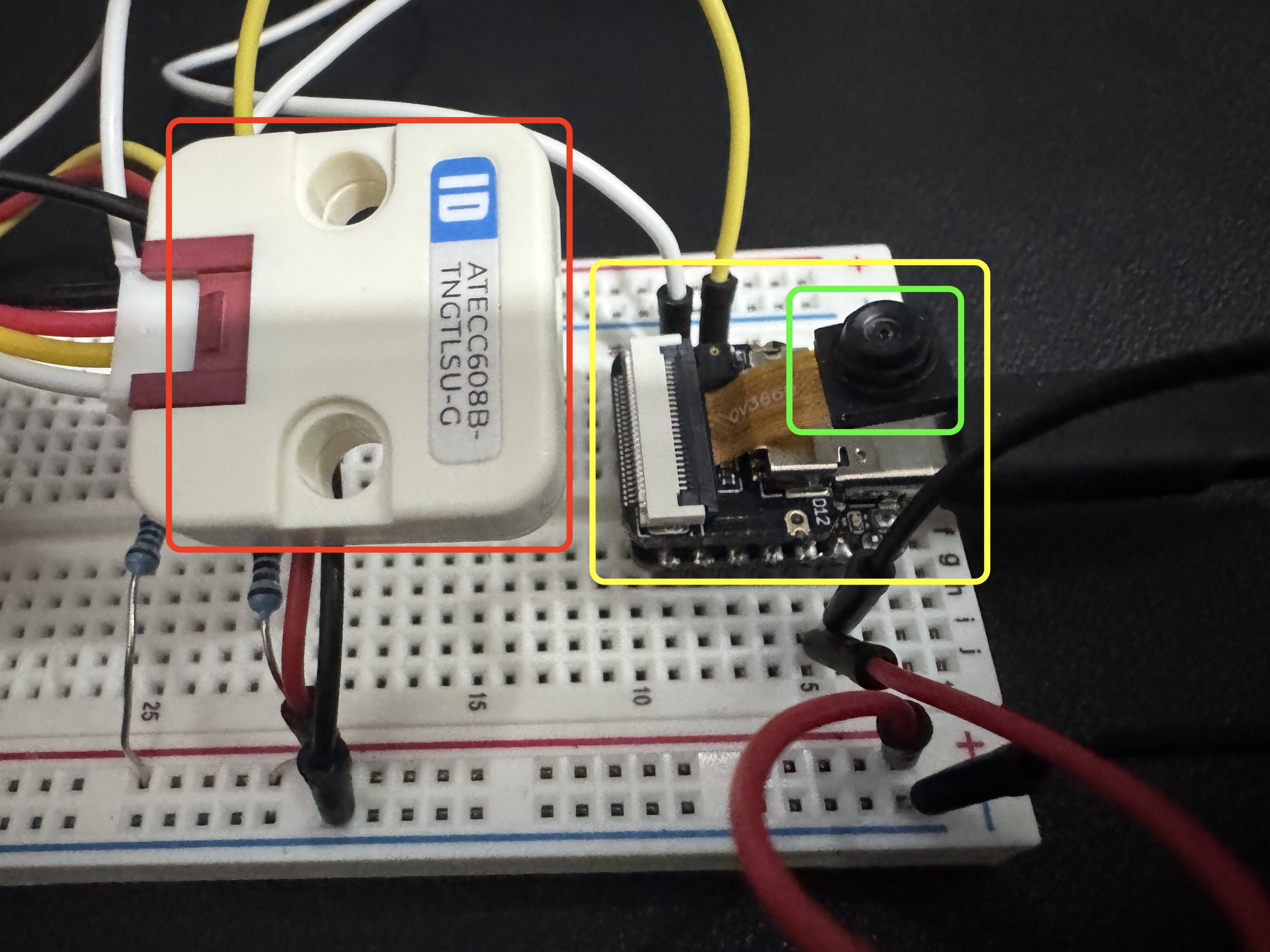 試作機の各部品を色枠で示した写真。赤枠が M5Stack Unit ID、黄枠が XIAO ESP32-S3 Sense 本体、緑枠が OV3660 カメラ