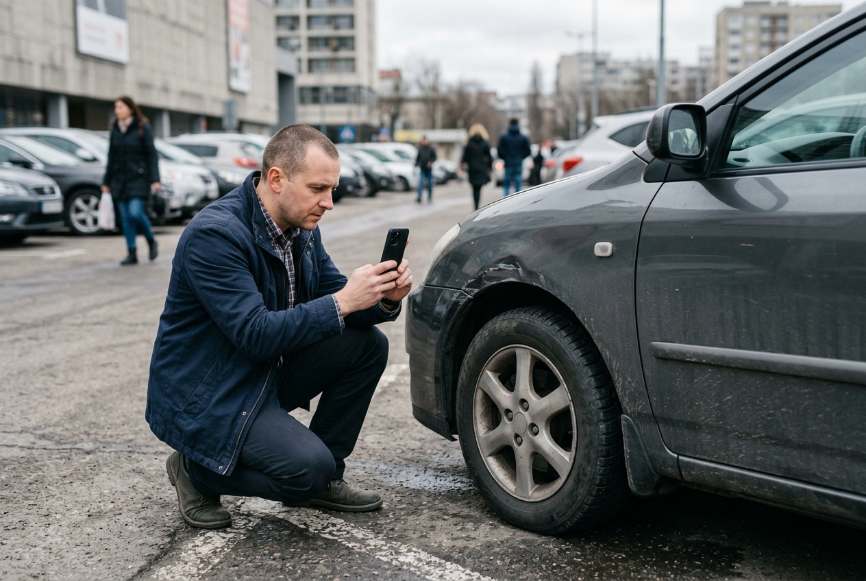 スマートフォンで車両の損傷を撮影する保険調査員