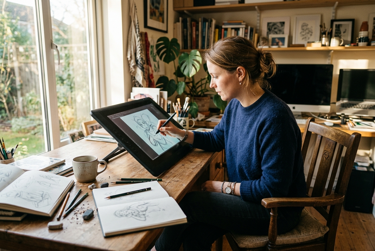 デジタルペンタブレットで作業するイラストレーター