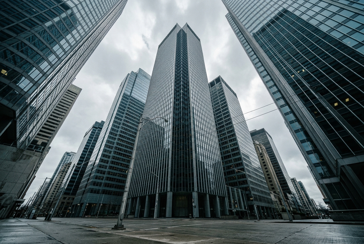 ビジネス街の高層ビル群を下から見上げた構図