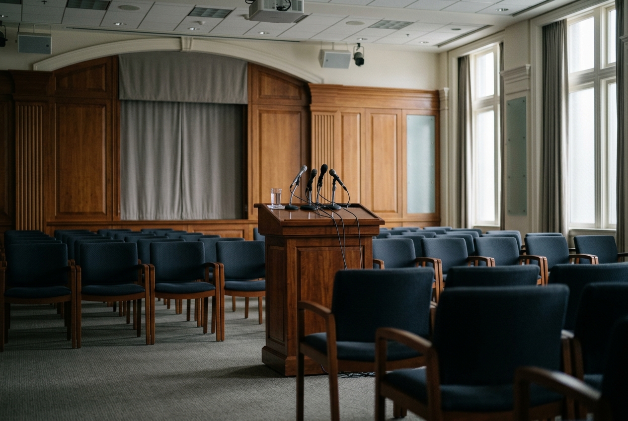 政府系プレスブリーフィング会場の様子