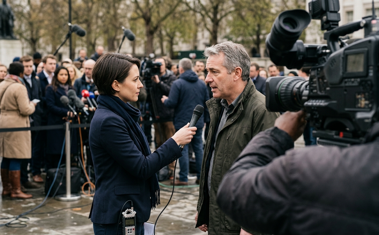 報道現場でインタビューする記者と取材カメラ