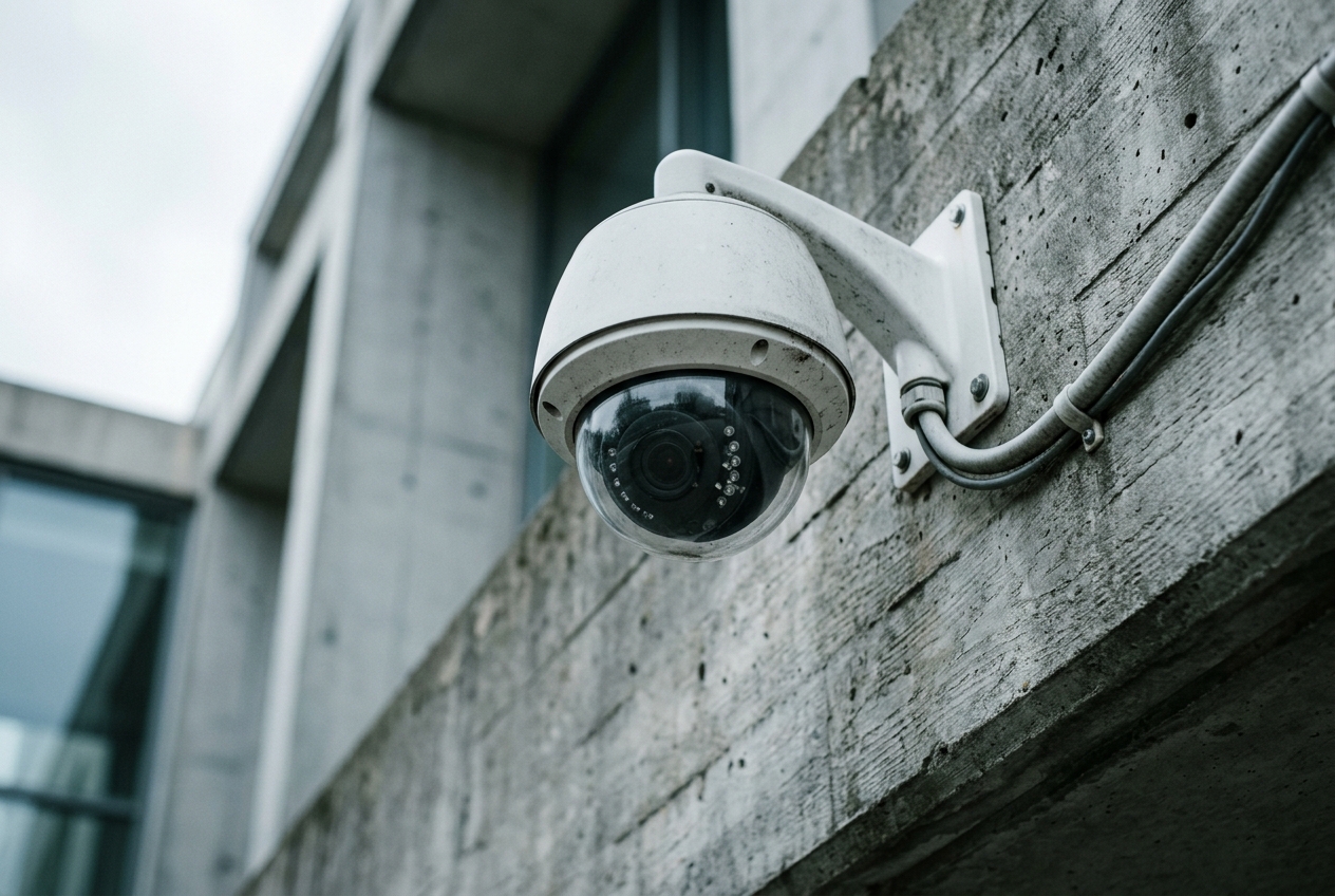 壁面に設置された監視カメラのクローズアップ
