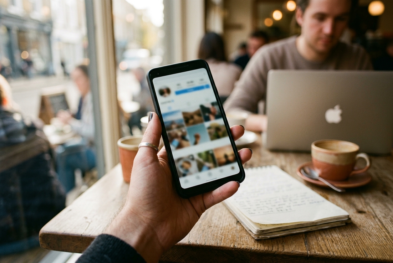 カフェでスマートフォンのSNSフィードを見る手元